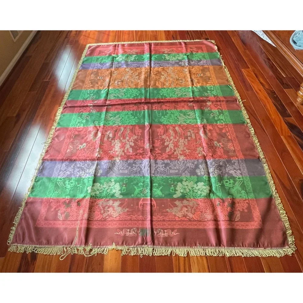 Vintage Cantonese Brocade Silk Tablecloth Asian Scenes People Trees